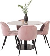 RazziaGR eethoek eetkamertafel terazzo grijs en 4 Velvet eetkamerstal velours roze, zwart.
