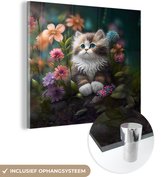 MuchoWow® Glasschilderij 20x20 cm - Schilderij acrylglas - Kitten - Illustratie - Bloemen - Natuur - Kat - Foto op glas - Schilderijen
