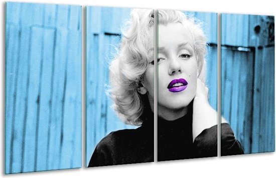 GroepArt - Glasschilderij - Marilyn Monroe - Blauw, Zwart, Wit - 160x80cm 4Luik - Foto Op Glas - Geen Acrylglas Schilderij - 6000+ Glasschilderijen Collectie - Wanddecoratie