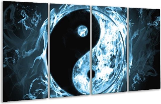 GroepArt - Glasschilderij - Jin Jang - Zwart, Grijs, Blauw - 160x80cm 4Luik - Foto Op Glas - Geen Acrylglas Schilderij - 6000+ Glasschilderijen Collectie - Wanddecoratie