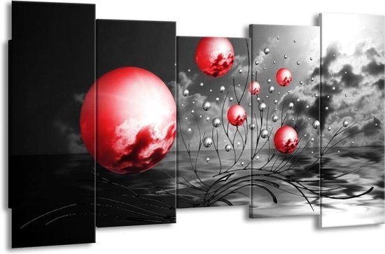 GroepArt - Canvas Schilderij - Ballen - Rood, Zwart, Grijs - 150x80cm 5Luik- Groot Collectie Schilderijen Op Canvas En Wanddecoraties