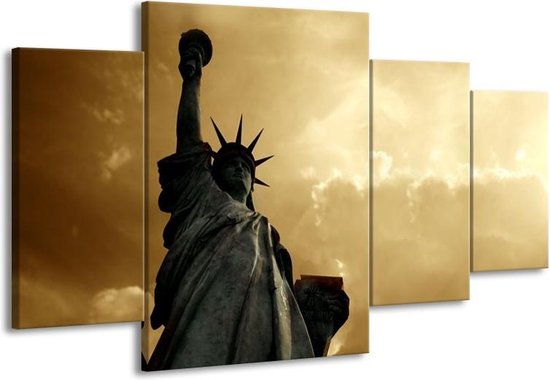 GroepArt - Schilderij -  Vrijheidsbeeld, New York - Grijs, Geel, Bruin - 160x90cm 4Luik - Schilderij Op Canvas - Foto Op Canvas