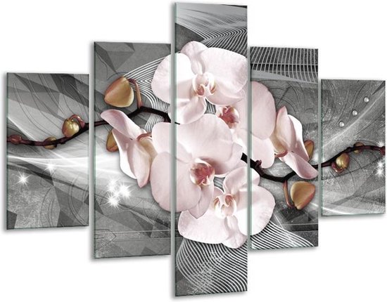 Glasschilderij -  Orchidee, Bloemen - Grijs - 100x70cm 5Luik - Geen Acrylglas Schilderij - GroepArt 6000+ Glasschilderijen Collectie - Wanddecoratie- Foto Op Glas