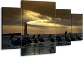 GroepArt - Schilderij -  Vogels - Geel, Zwart, Wit - 160x90cm 4Luik - Schilderij Op Canvas - Foto Op Canvas