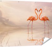 Gards Tuinposter Twee Flamingo's in een Hartjes Vorm - 120x90 cm - Tuindoek - Tuindecoratie - Wanddecoratie buiten - Tuinschilderij