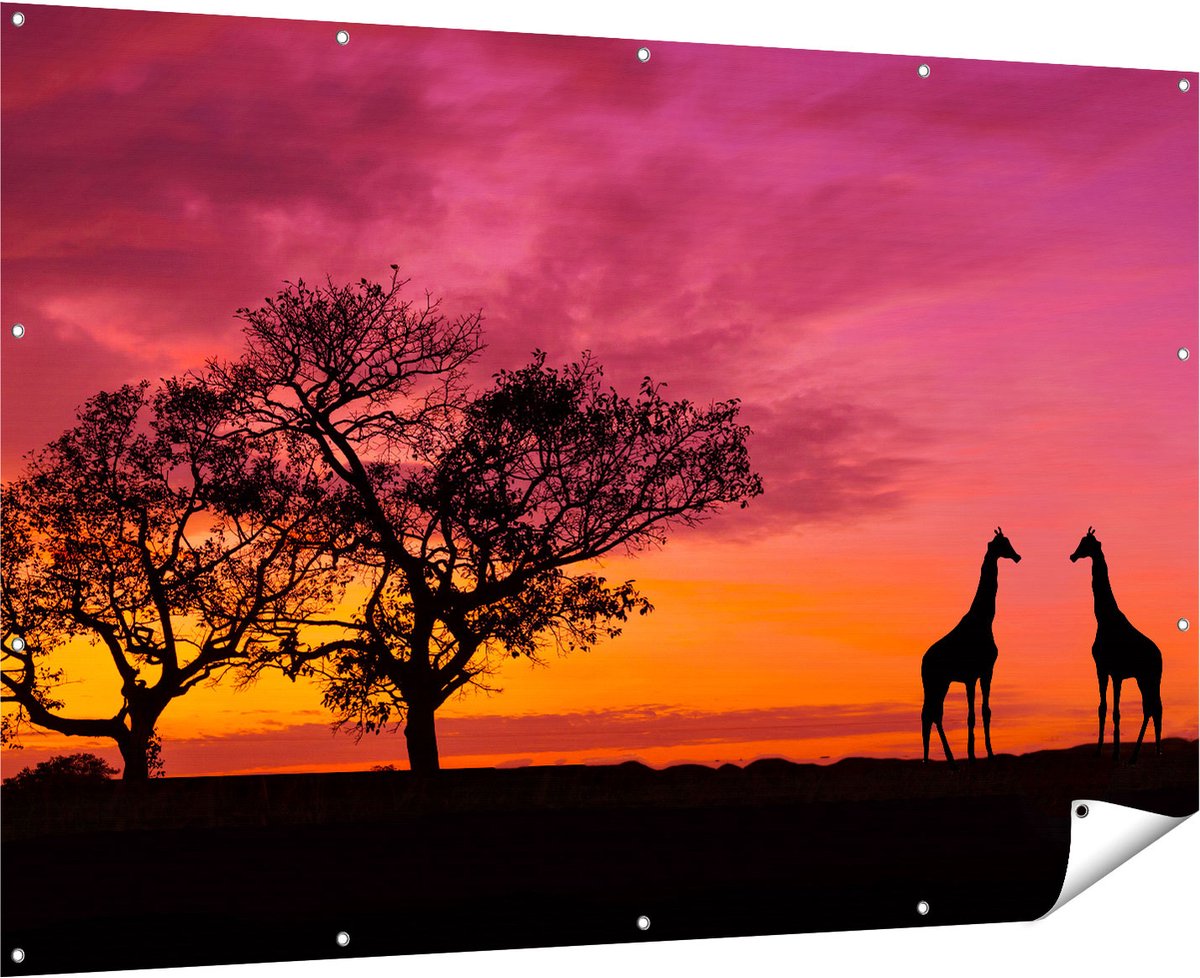 Gards Tuinposter Twee Giraffe Silhouetten bij Zonsondergang - 180x120 cm - Tuindoek - Tuindecoratie - Wanddecoratie buiten - Tuinschilderij Multikleur