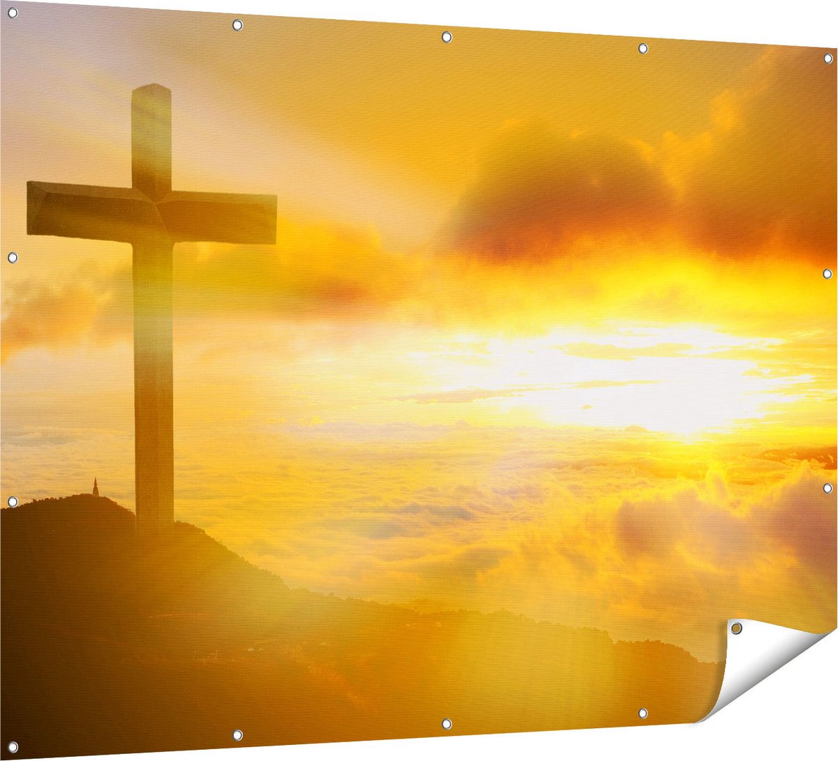 Gards Tuinposter Kruis van Jezus Christus bij Zonsondergang - 160x120 cm - Tuindoek - Tuindecoratie - Wanddecoratie buiten - Tuinschilderij Multikleur
