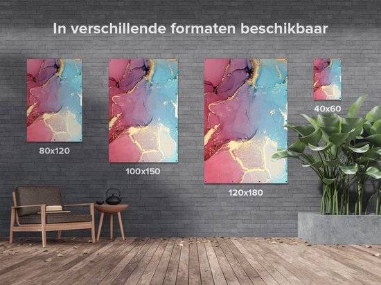 Gards Tuinposter Abstracte Kunst van Marmer - Roze met Blauw - 60x90 cm - Tuindoek - Tuindecoratie - Wanddecoratie buiten - Tuinschilderij