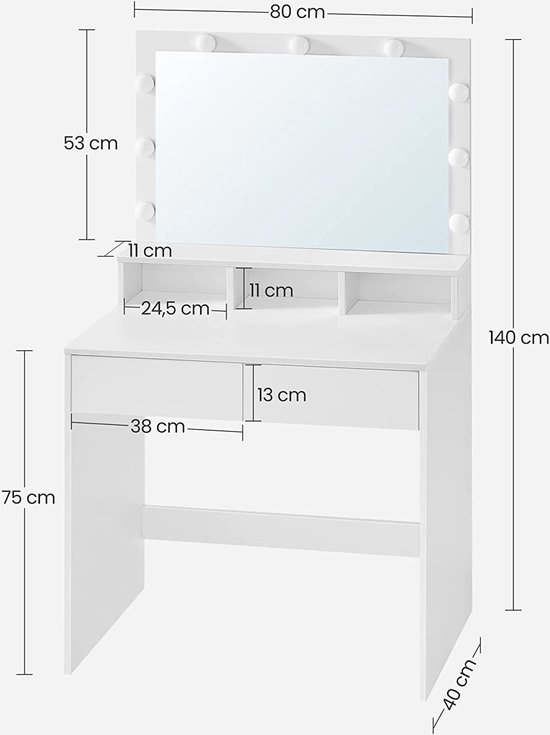 Afmetingen van de witte kaptafel: hoogte 140 cm, breedte 80 cm, diepte 40 cm. Spiegeldiepte 11 cm, tafelblad 53 cm hoog, lade 38x13 cm.