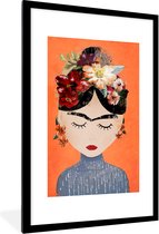 Fotolijst incl. Poster - Portret - Frida Kahlo - Oranje - Vrouw - Bloemen - 80x120 cm - Posterlijst