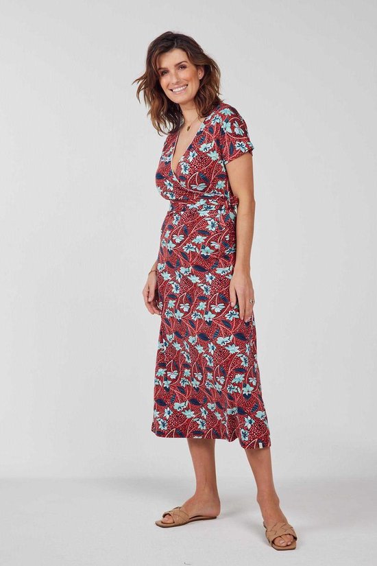 DIDI Dames Wrap dress Queen in Poppy Red with Lots of Leaves print maat