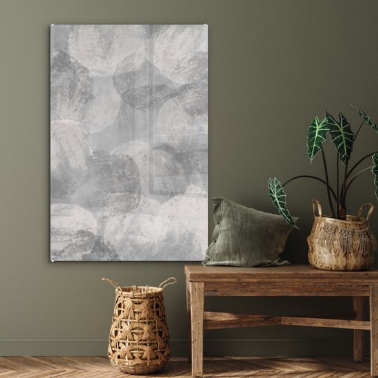 MuchoWow® Glasschilderij 60x90 cm - Schilderij acrylglas - Abstract - Verf - Grijs - Schilderij - Foto op glas - Muurdecoratie woonkamer - Wanddecoratie slaapkamer - Schilderijen