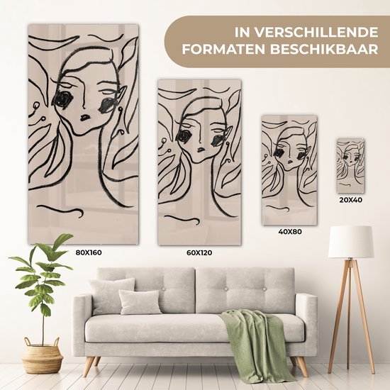 MuchoWow® Glasschilderij 20x40 cm - Schilderij acrylglas - Line art - Pastel - Zwart - Portret - Foto op glas - Schilderijen