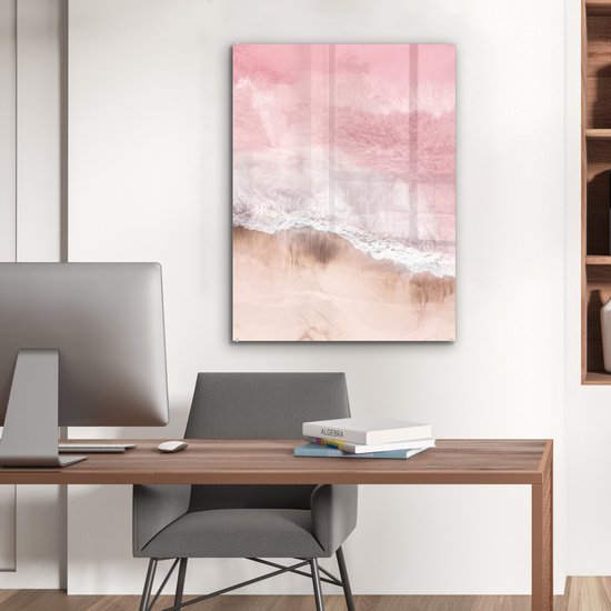 MuchoWow® Peinture sur verre 60x80 cm - Peinture sur verre - Plage - Mer - Rose - Nature - Vagues - Photo sur verre acrylique - Peintures