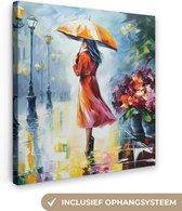 Canvas Schilderij Olieverf - Paraplu - Vrouw - Straat - Kunst - 90x90 cm - Wanddecoratie
