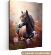 Canvas Schilderij Paard - Bloemen - Natuur - Paars - Dieren - 60x80 cm - Wanddecoratie