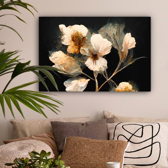 Toile Peinture Fleurs - Zwart - Plantes - Vintage - 60x40 cm - Décoration murale