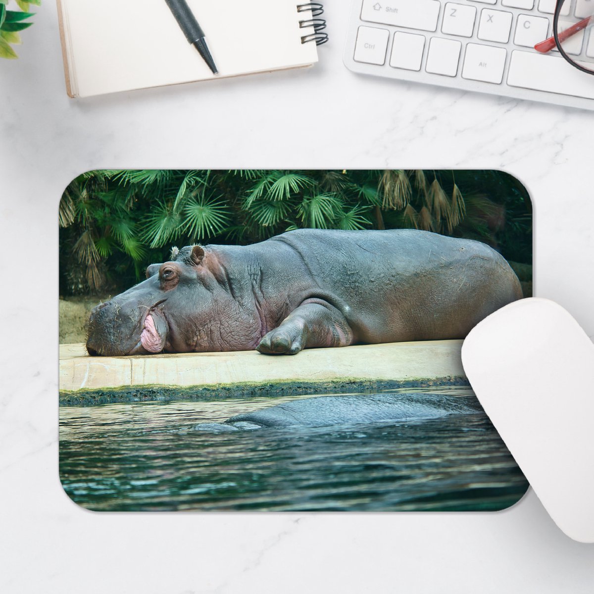 Muismat - Uitrustend Nijlpaard op Land langs Water - 25x18 cm - 2 mm Dik - Muismat van Vinyl