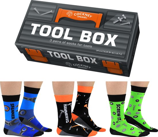 Cadeau doos voor echte klussers - Cockney Spaniel Tool Box - 3 paar Doehetzelf Heren sokken - voor echte doe het zelvers - maat 39-46