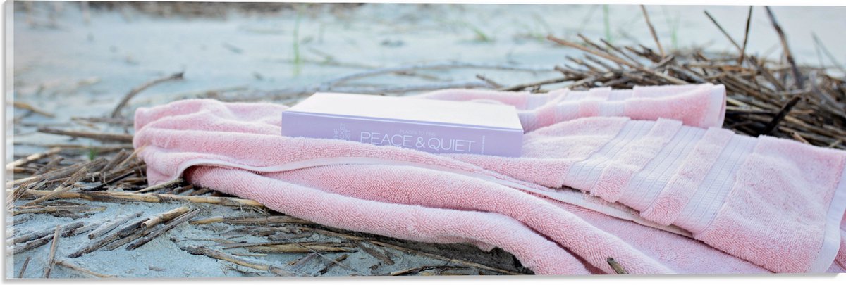 Acrylglas - Boek met Handdoek op Beige Strand - 60x20 cm Foto op Acrylglas (Wanddecoratie 