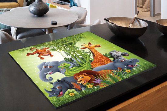 KitchenYeah® Inductie beschermer 78x78 cm - Jungle dieren - Planten - Kinderen - Olifant - Giraf - Leeuw - Kookplaataccessoires - Afdekplaat voor kookplaat - Inductiebeschermer - Inductiemat - Inductieplaat mat