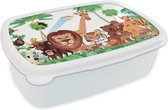 Broodtrommel Wit - Lunchbox - Brooddoos - Wilde dieren - Jungle - Leeuw - Tijger - Meisjes - Kids - Jongens - 18x12x6 cm - Volwassenen