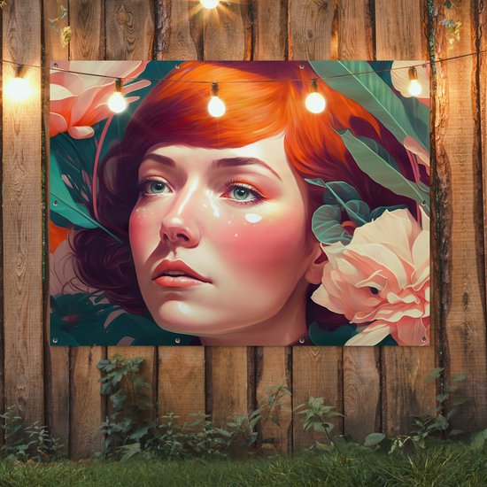 Tuinposter 160x120 cm - Tuindecoratie Portret - Vrouw - Bloemen - Roze - Botanisch - Poster voor in de tuin - Buiten decoratie - Schutting tuinschilderij - Tuindoek muurdecoratie - Wanddecoratie balkondoek
