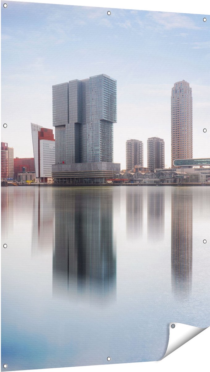 Gards Tuinposter Rotterdamse Skyline met de Erasmusbrug - 100x150 cm - Tuindoek - Tuindecoratie - Wanddecoratie buiten - Tuinschilderij Multikleur