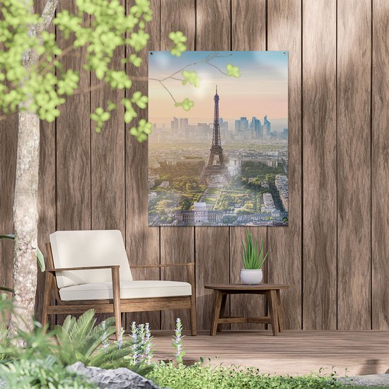 Gards Tuinposter Skyline van Parijs met de Eiffeltoren - 80x100 cm - Tuindoek - Tuindecoratie - Wanddecoratie buiten - Tuinschilderij
