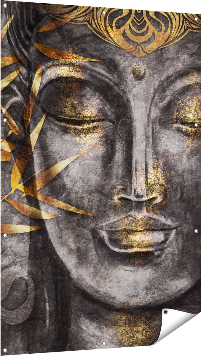 Gards Tuinposter Gouden Boeddha van Aquarel - Abstract - 100x150 cm - Tuindoek - Tuindecoratie - Wanddecoratie buiten - Tuinschilderij Multikleur