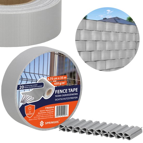 Rol grijze vlechtband met details over afmeting en gewicht, met een detailfoto van een hek met vlechtband.