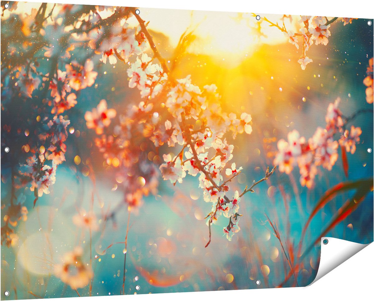 Gards Tuinposter Bloesemboom tijdens Zonsondergang - Bloem - 150x100 cm - Tuindoek - Tuindecoratie - Wanddecoratie buiten - Tuinschilderij Multikleur