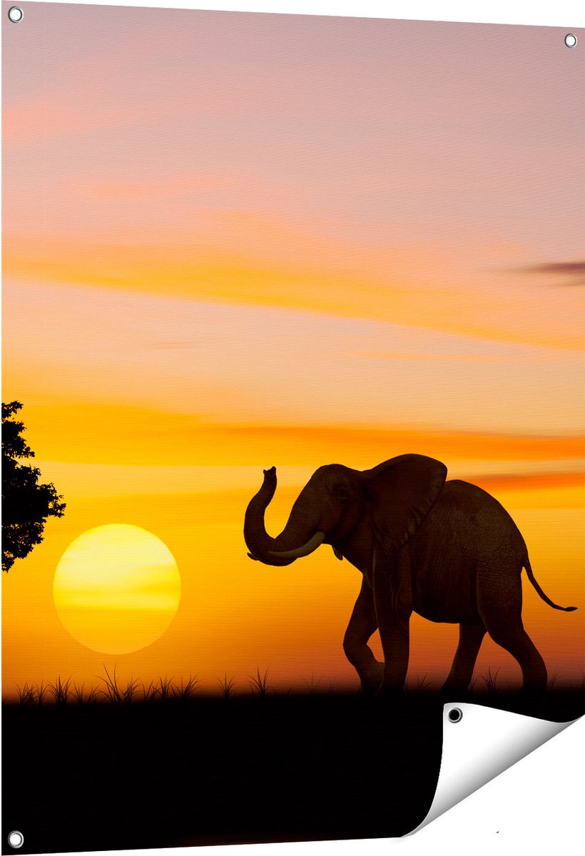 Gards Tuinposter Olifant Silhouet tijdens Zonsondergang - 80x100 cm - Tuindoek - Tuindecoratie - Wanddecoratie buiten - Tuinschilderij Multikleur