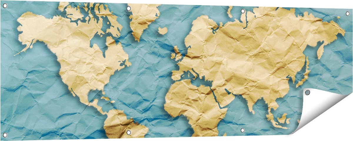 Gards Tuinposter Wereldkaart op Gekreukeld Papier - 150x50 cm - Tuindoek - Tuindecoratie - Wanddecoratie buiten - Tuinschilderij Multikleur