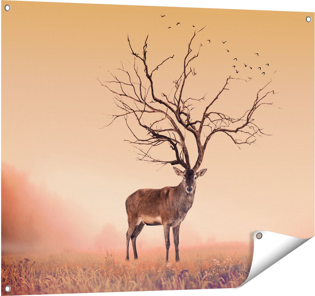 Gards Tuinposter Hert met een Bomen Gewei - 100x80 cm - Tuindoek - Tuindecoratie - Wanddecoratie buiten - Tuinschilderij Multikleur