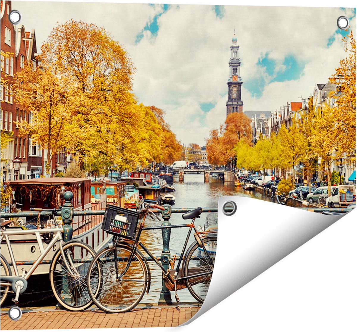 Gards Tuinposter Amsterdamse Brug bij een Brug met Fietsen - 50x40 cm - Tuindoek - Tuindecoratie - Wanddecoratie buiten - Tuinschilderij Multikleur