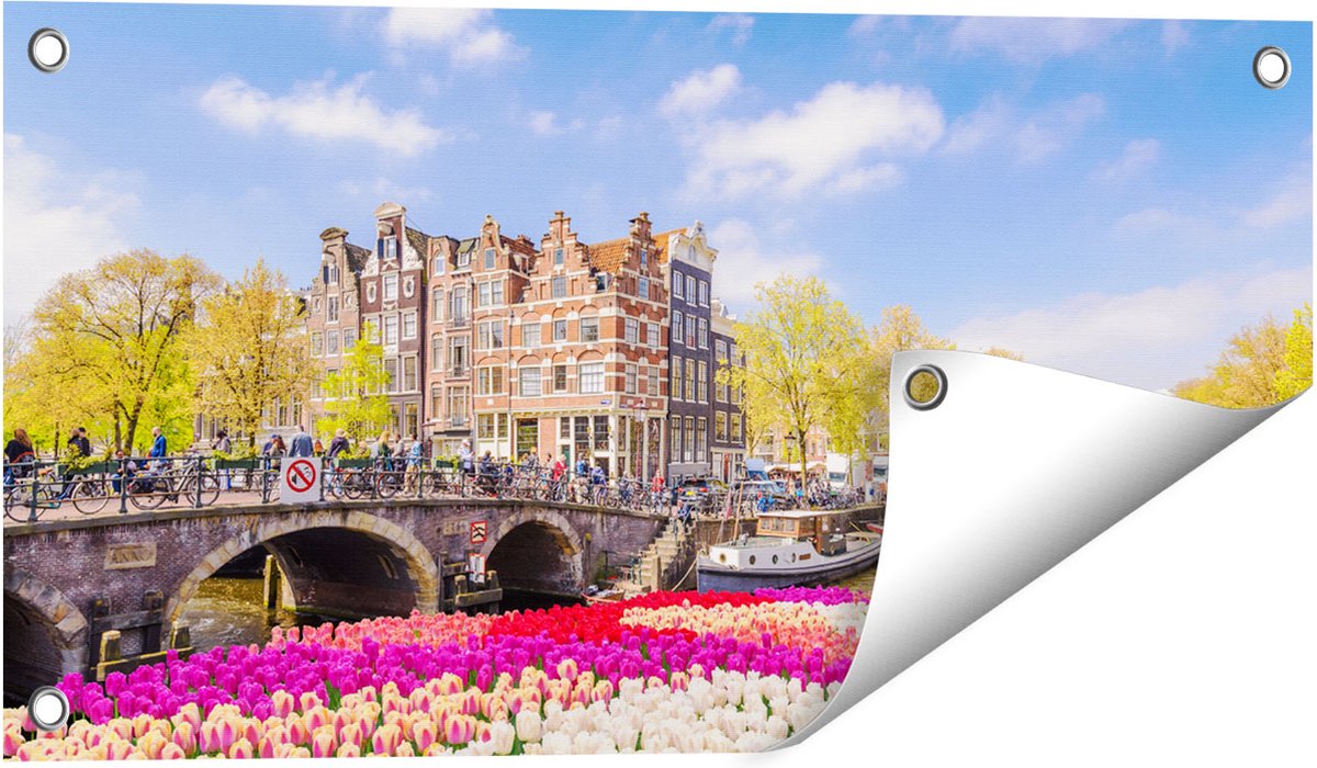 Gards Tuinposter Amsterdamse Huisjes aan de Grachten - 60x30 cm - Tuindoek - Tuindecoratie - Wanddecoratie buiten - Tuinschilderij Multikleur