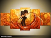 Schilderij -  Sexy - Naakte Vrouw - Oranje, Bruin - 150x70cm 5Luik - GroepArt - Handgeschilderd Schilderij - Canvas Schilderij - Wanddecoratie - Woonkamer - Slaapkamer - Geschilderd Door Onze Kunstenaars 2000+Collectie Maatwerk Mogelijk