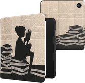 kwmobile hoes geschikt voor Tolino Epos 3 - Magnetische sluiting - E reader cover in zwart / beige - Meisje met boeken design