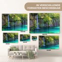 Acrylglas schilderij van de Plitvicemeren met waterval en turquoise water, getoond in diverse formaten boven een bank.