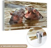 MuchoWow® Glasschilderij 160x80 cm - Schilderij acrylglas - Nijlpaard - Dieren - Water - Foto op glas - Schilderijen