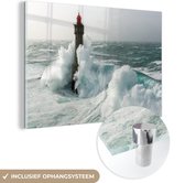 MuchoWow® Glasschilderij 90x60 cm - Schilderij acrylglas - Vuurtoren in de storm - Foto op glas - Schilderijen