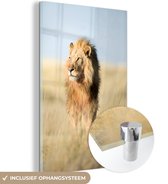 MuchoWow® Glasschilderij 60x90 cm - Schilderij acrylglas - Close-up lopende leeuw - Foto op glas - Schilderijen