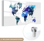 MuchoWow® Glasschilderij 80x40 cm - Schilderij acrylglas - Wereldkaart - Sterrenhemel - Blauw - Foto op glas - Schilderijen