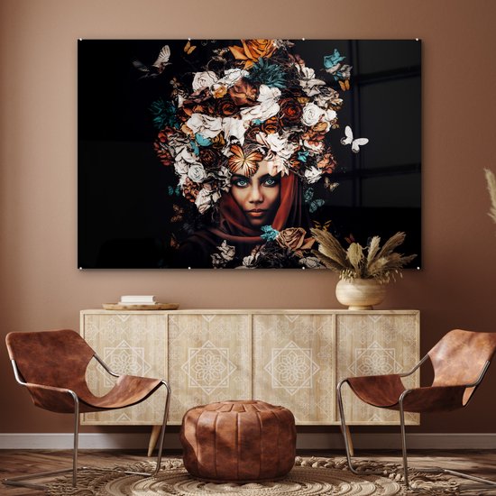 MuchoWow® Peinture sur Verre - Fleurs - Papillon - Femmes - Foulard - 180x120 cm - Peintures sur Verre Acrylique - Photo sur Glas