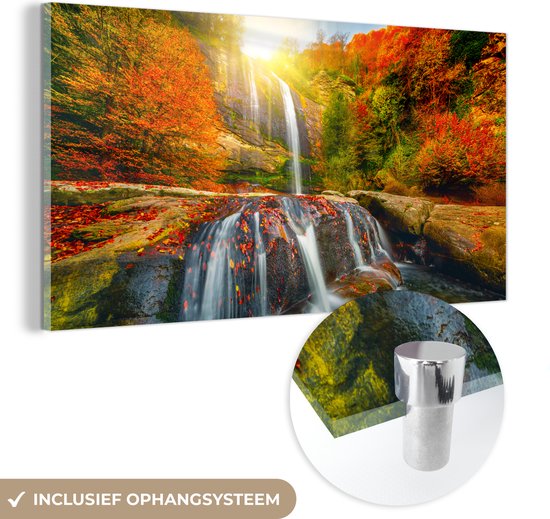 Glasschilderij - Glazen schilderij - Herfst - Waterval - Zon - Schilderij waterval - Foto op glas - 160x80 cm - Kamer decoratie - Acrylglas