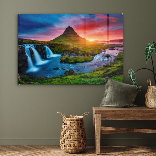 Peinture sur verre - Photo sur verre - Cascade - Islande - Coucher de soleil - Berg - Verre acrylique - Peinture sur verre nature - Peinture sur verre - 120x80 cm - Décoration murale - Décoration Décoration murale
