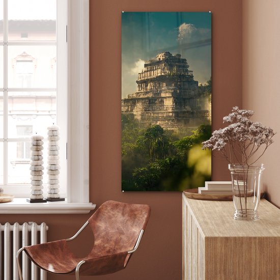 MuchoWow - Peinture sur verre - Photo sur verre - Jungle - Temple - Ciel - Nuages ​​- Vert - Peinture sur verre - Verre acrylique - Décoration de chambre - 60x120 cm - Décoration murale murale - Peintures de salon