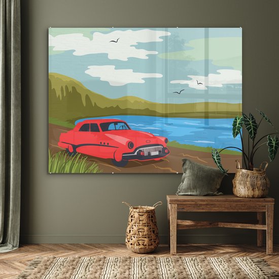 MuchoWow® Peinture sur verre 160x120 cm - Peinture sur verre acrylique - Voiture rouge Vintage - Photo sur verre - Peintures