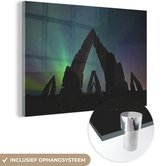 MuchoWow® Glasschilderij 90x60 cm - Schilderij acrylglas - Noorderlicht - IJsland - Natuur - Foto op glas - Schilderijen